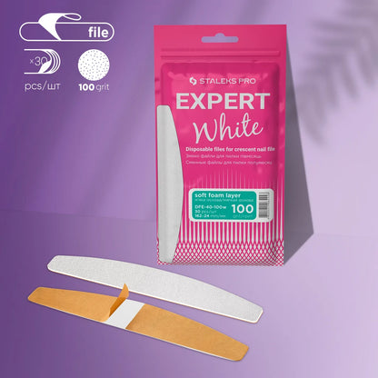 STALEKS EXPERT 40 Disposable White Crescent Nail File Refills – Soft Foam, 30 pcs