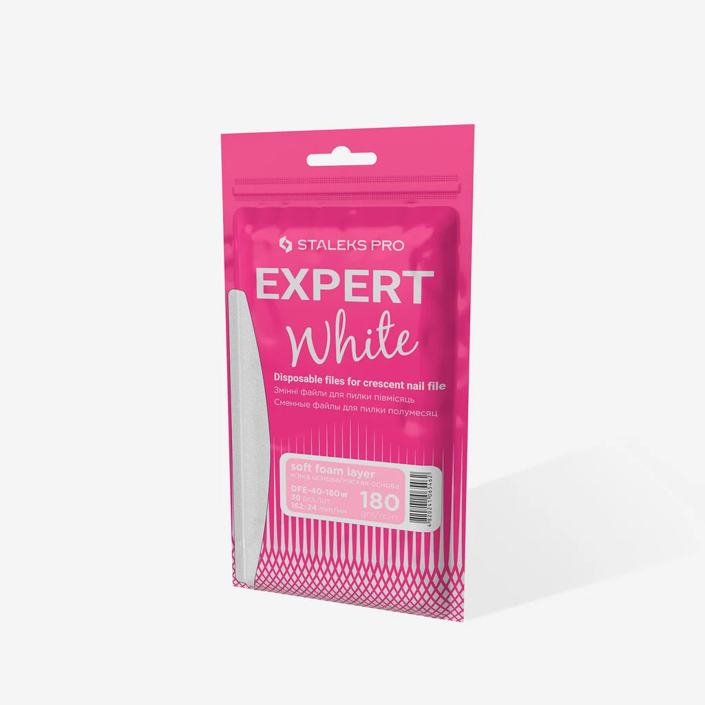 STALEKS EXPERT 40 Disposable White Crescent Nail File Refills – Soft Foam, 30 pcs